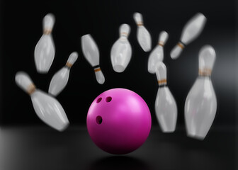 3d rendering-Pink Bowling Ball crashing into the pins on black background.