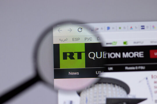 New York, USA - 18 March 2021: RT company logo icon on website, Illustrative Editorial.