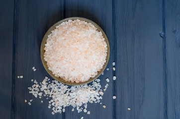 Himalayan salt top view. Pink salt crystals. Healthy food concept