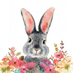Watercolor illustration of a cute fluffy grey rabbit with pink ears in a blank background with colorful flowers