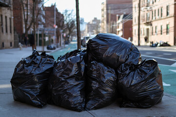 Black Garbage Bags Filled with Trash along the Street in Astoria Queens New York