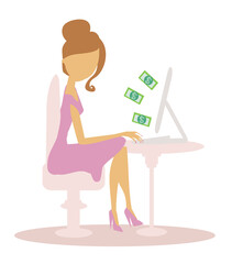 Money pouring out from a notebook computer - online work girl