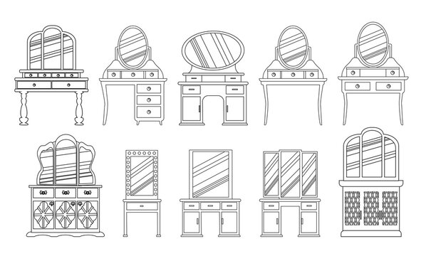 set of cute vintage dressing tables. Collection of antique bedroom furniture.convenient place to store cosmetics and jewelry. Vector  in a sketch style are isolated on a white background