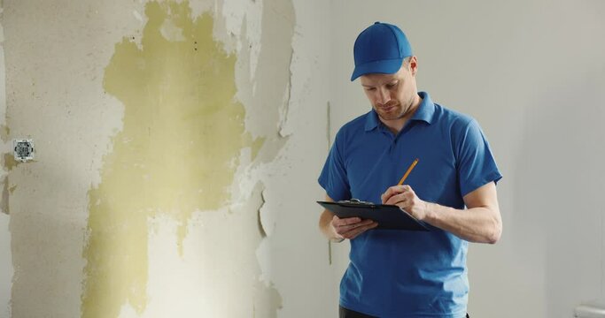 handyman writing estimate on clipboard for house repair jobs. pricing calculation, renovation costs