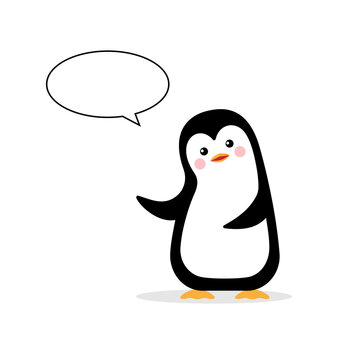 Penguin cute character cartoon speaks shows speech bubble flat vector illustration.