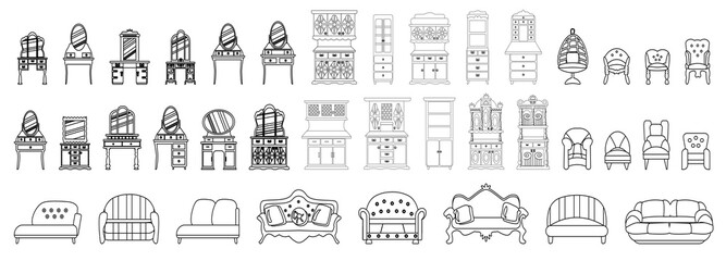set of elegant antique dressing tables, sofas, armchairs, banquettes, cabinets made in the style of a sketch. Isolated on a white background. Vector icons  collection of vintage furniture.