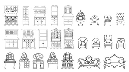 set of elegant antique dressing tables, sofas, armchairs, banquettes, cabinets made in the style of a sketch. Isolated on a white background. Vector icons  collection of vintage furniture.