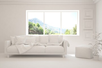 White living room with sofa and summer landscape in window. Scandinavian interior design. 3D illustration