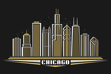 Obraz premium Vector illustration of Chicago City, horizontal poster with line art design illuminated chicago city scape, panoramic contemporary concept with decorative font for word chicago on dark background.