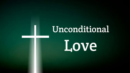 Inspirational and encouraging bible words with white jesus cross symbol isolated on dark green color background