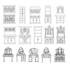 set of cute vintage dressing tables and cabinets. collection of antique bedroom furniture, a convenient place to store cosmetics and jewelry. Vector in sketch style, isolated on a white background