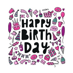 cute hand lettering quote 'Happy Birthday' decorated with isolatted  doodles on white background for posters, prints, cards, banners, stickers, invitations, etc. EPS 10