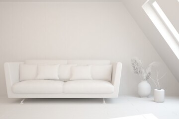 Mock up of minimalist living room in white color with sofa. Scandinavian interior design. 3D illustration