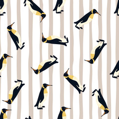 Polar zoo seamless pattern with random black penguins doodle ornament. Light striped background. © smth.design