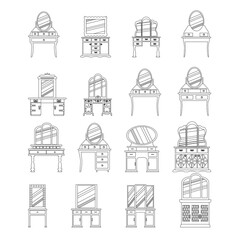 Set of elegant antique  dressing tables, made in the style of a sketch. Isolated on a white background. Vector drawn  icons. Retro Collection of vintage furniture.