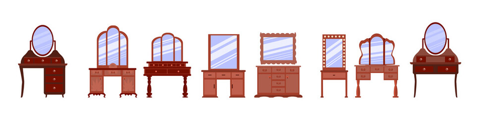  set of cute vintage dressing tables. Collection of antique bedroom furniture.  Convenient place for makeup and jewelry storage. Vector icons in a flat style are isolated on a white background.