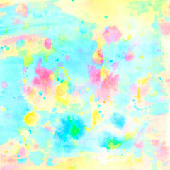 Fototapeta na wymiar Yellow and blue watercolor background with pink spots and drops for sign, banner or cover