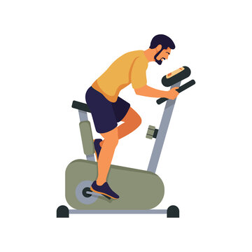 Sporty man on exercise bike, isolated on white background. Sports, Workout  at home or in gym. Riding indoors sport exercise bicycle. Cardio fitness  training equipment. Side view, vector illustration Stock Vector |