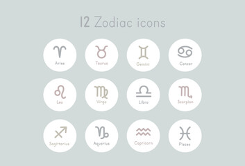Set of zodiac signs icons. Aries, taurus, gemini,  cancer,  leo, virgo,  libra, scorpio, sagittarius, aquarius, capricorn, pisces. Vector illustration in cartoon line style.