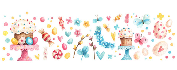 Watercolor set of cute Easter  illustrations. isolated on white background Easter elements: Easter cakes, colored eggs, pussy willow branches, feathers, flowers and candies.. Happy easter.