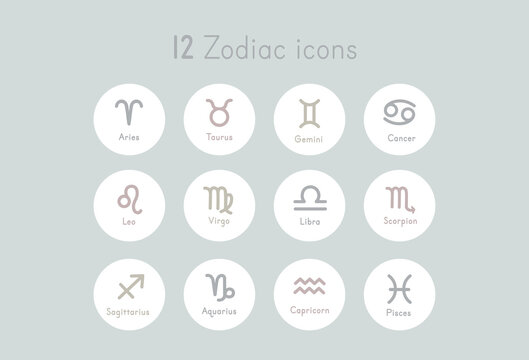 Set of zodiac signs icons. Aries, taurus, gemini,  cancer,  leo, virgo,  libra, scorpio, sagittarius, aquarius, capricorn, pisces. Vector illustration in cartoon line style.