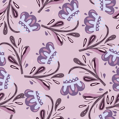 Fototapeta na wymiar Folk flowers abstract seamless pattern with violet ornament. Pink backround. Doodle botanic print.