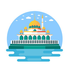 vector illustration of a mosque with lake and clouds on top
