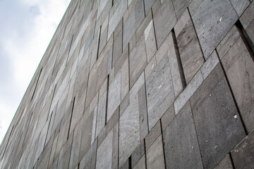  Close up of the grey concrete Facade of Mumok, the Modern art museum of Vienna, Austria