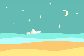 Fototapeta na wymiar Vector flat illustration : night sea veiw with dark sky, moon, stars, blue sea, small white boat, warm beige sand. Nice design for card, poster, flyer about travel, tourism , adventures.