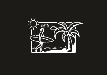 Black and white color of surfer line art drawing illustration