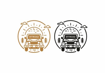 Brown and black color of offroad car in circle line art drawing illustration © Adipra