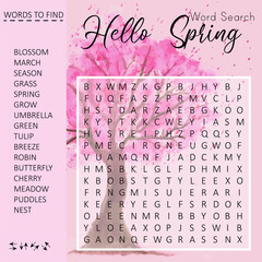 Hello Spring word search puzzle with watercolor cherry blossom. Logic game for learning English words.   Crossword suitable for social media post. 