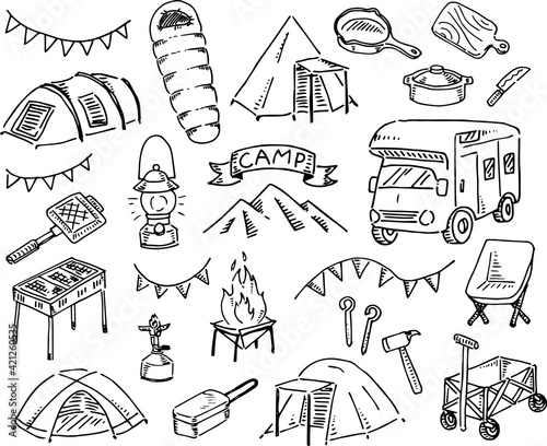手描きのキャンプグッズのイラストまとめ 線のみ アウトドア Wall Mural ナナメニコ