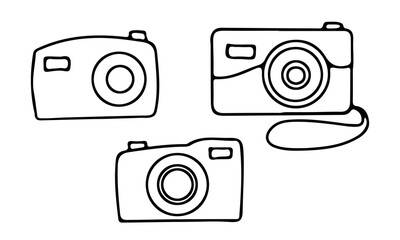 A set of three contour-drawn cameras.  Doodle style.  Vector.  Illustration on white background.