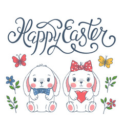 Happy Easter slogan text with cute rabbits. Easter Greetings illustration.