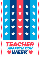 Teacher Appreciation Week in United States. Celebrated annual in May. In honour of teachers who hard work and teach our children. School and education. Student learning concept. Vector illustration