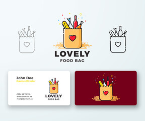 Lovely Food Paper Bag with Heart Symbol, Bread, Wine, Fish. Abstract Vector Logo and Business Card Template. Shopping or Delivery Sign. Catering Icon. Premium Stationary Realistic Mock Up. Isolated.