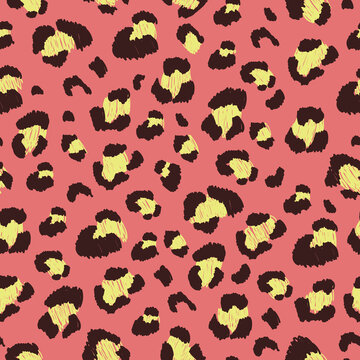 Bright seamless pattern with leopard print on a colored background. Vector illustration for printing on fabric, wallpaper, packaging paper, clothing. Cute baby background