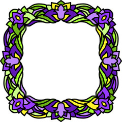 Abstract mandala frame. Asian floral pattern. Purple flower and green leaves background. Vector illustration.