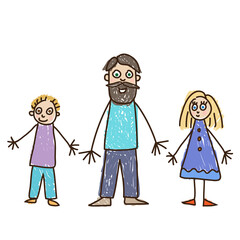 Obraz na płótnie Canvas Children`s drawing Cheerful caucasian father with a beard stands with his two children daughter and son on the white background vector illustration