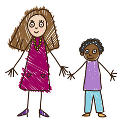 Children`s drawing Cheerful mother in fuchsia dress stands with her adopted African ethnicity son on the white background vector illustration