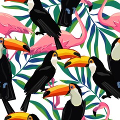 Toucan with Flamingo tropical leaves background seamless pattern print design for textiles summer tropics exotic vector illustration