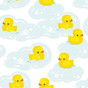 Hand drawn cute rubber yellow duck pattern seamless vector illustration
