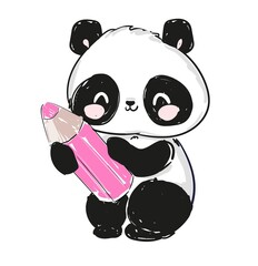 Cute Panda Bear baby holding a pencil print design background. Vector Design Textile for Kids