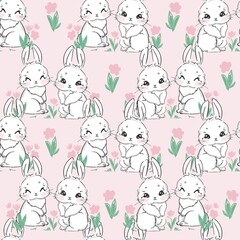 Seamless Pattern Rabbit and flowers. Hand Drawn sweet Bunny, print design background. Vector Print Textile for Kids Fashion.