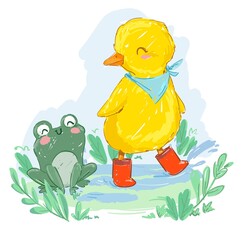 Hand drawn cute duckling and frog cartoon vector illustration cute friends on a rainy day