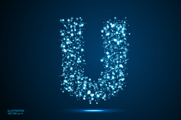 English letters abstract font consists 3d of triangles, lines, dots and connections. On a dark blue background cosmic universe stars, meteorites, galaxies. Vector illustration EPS 10.