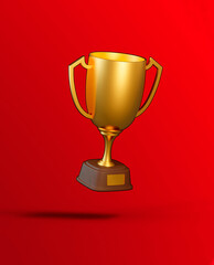 Flying golden trophy cup on red background. Sport tournament award, gold winner cup and victory concept. 3d rendering illustration