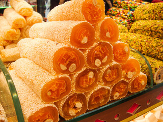 oriental sweets. traditional Turkish baklava with pistachios, Turkish delight, sherbet and halva