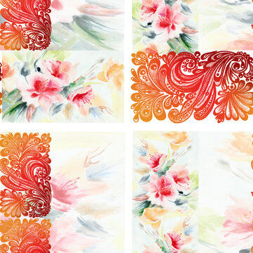 Watercolor flowers roses with red lace painted in watercolor. Floral seamless pattern on white background.